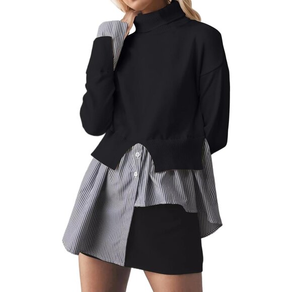 Sweaters - Womens Turtleneck Peplum Sweater 2 in 1 Asymmetrical Hem Striped Top